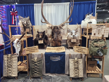 Pack Mount show display with deer pack mount, bear pack mount, elk pack mount, mountain goat pack mount and wolf pack mount.